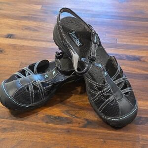 Jambu Women's Black Sporty Comfort Sandal with Light Blue Stitching